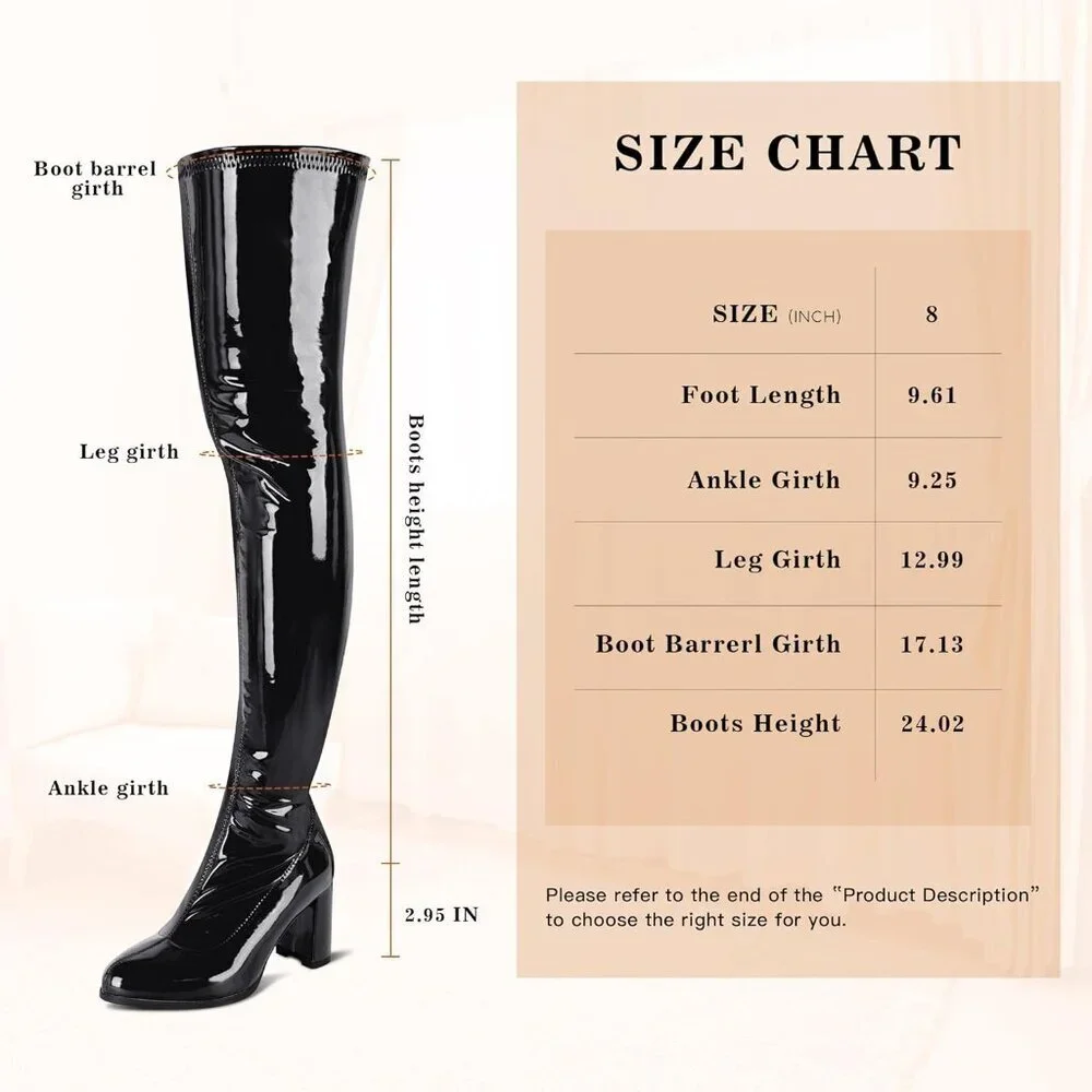 Women Black Patent Leather PU Thigh High Boots Pointed Toe Over The Knee Boots